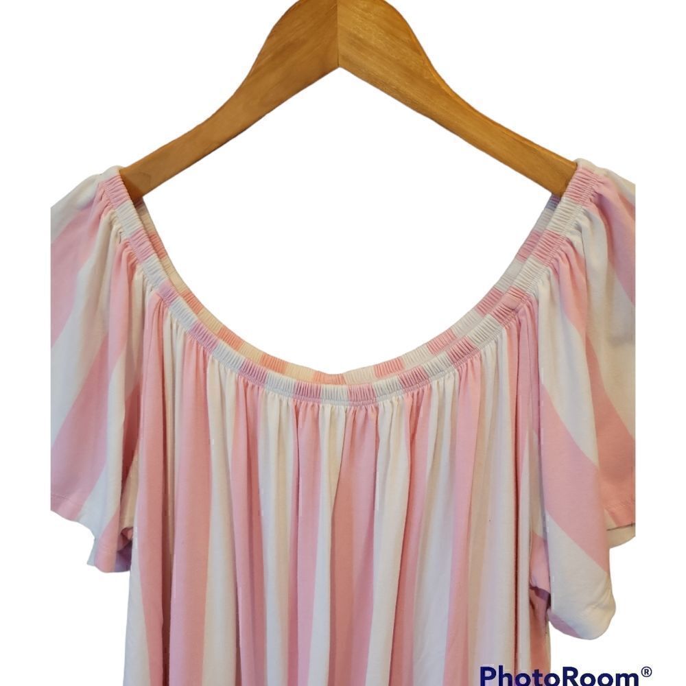 ASOS Pink White Stripe Cabana Candy Stripe Off Shoulder Short Sleeve Dress 8 - Picture 5 of 12